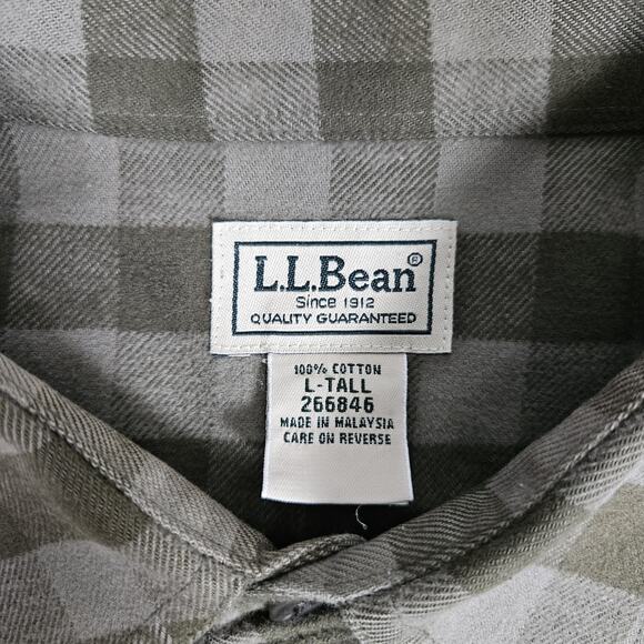 L.L. Bean Flannel Shirt Mens Large Tall LT Green Check Plaid Button Up Work - Picture 3 of 12